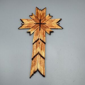 Folk Tramp Art Wooden Burnt Matchstick Cross Rustic Religous Signed Barbara 2021